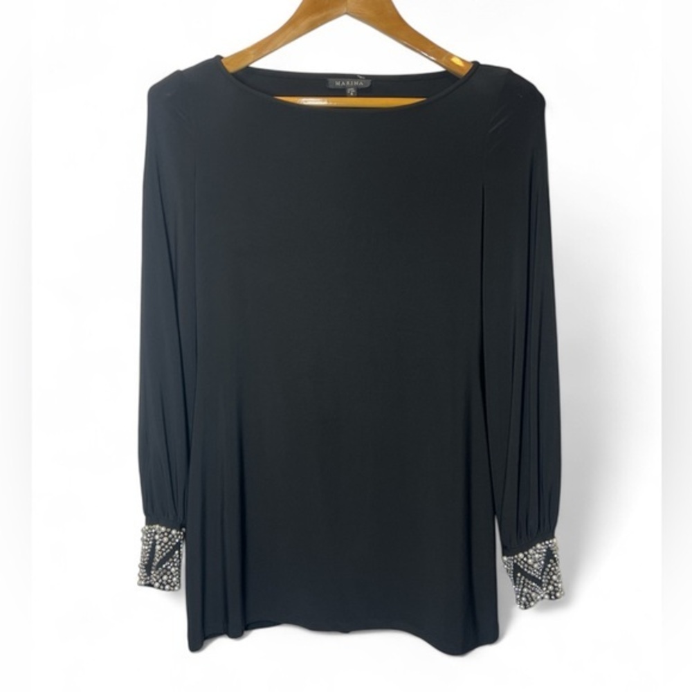 Marina Women 4‎ Black Long Slit Sleeve Pearl Silver Embellishment Formal Blouse
